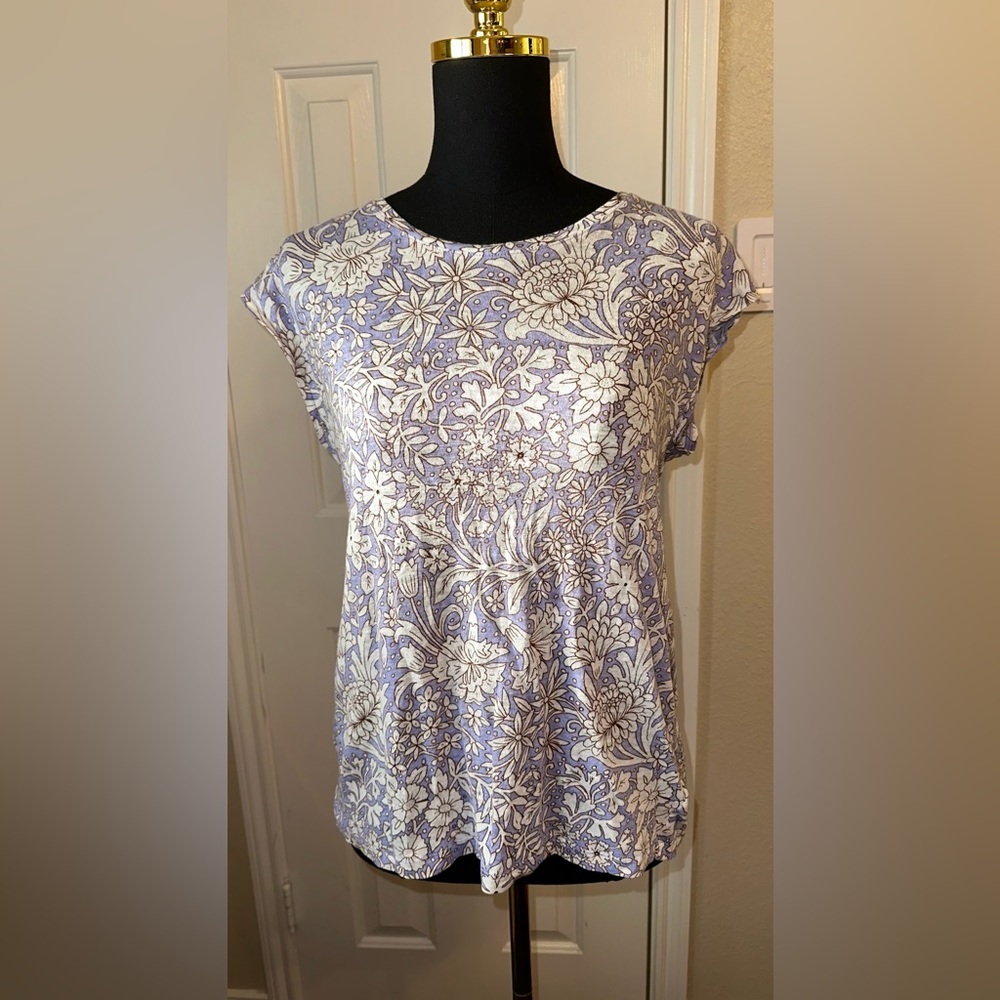 Rachel Ashwell Lavender & Cream Floral Linen Top Women’s L Button-Up Back Linen